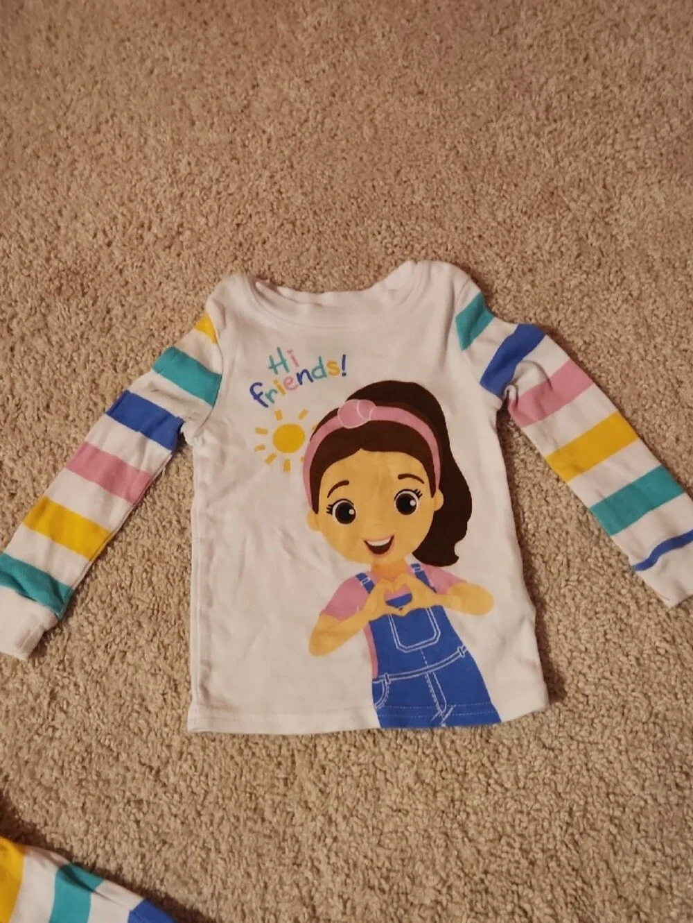 Girls' White Pajama Set with Colorful Stripes and Character Graphic